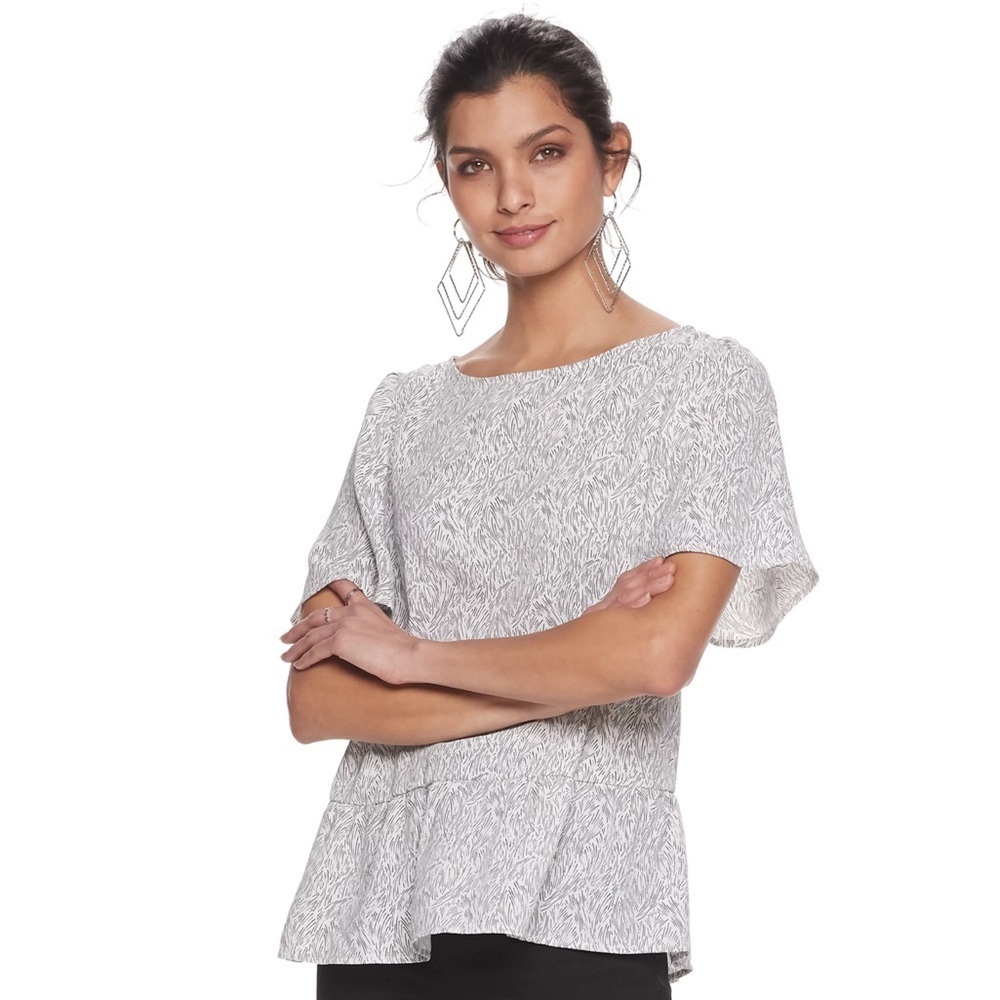 Apt. 9 Women's Size XL Ruffle Peplum Top Vintage Waves White Black Geometric